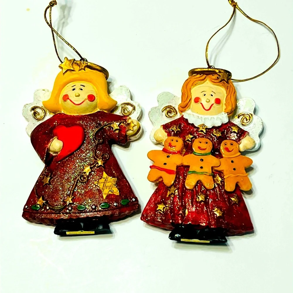 Festive Angel Ornaments 5 Inches Tall with Red Dresses Lot of Two